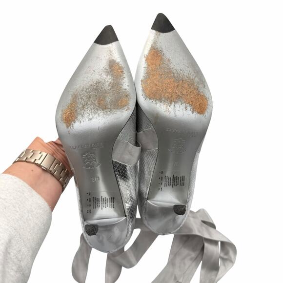 Kenneth Cole Metallic Silver Snakeskin Embossed Satin Ribbon Tie Pointed Pumps - Picture 9 of 9